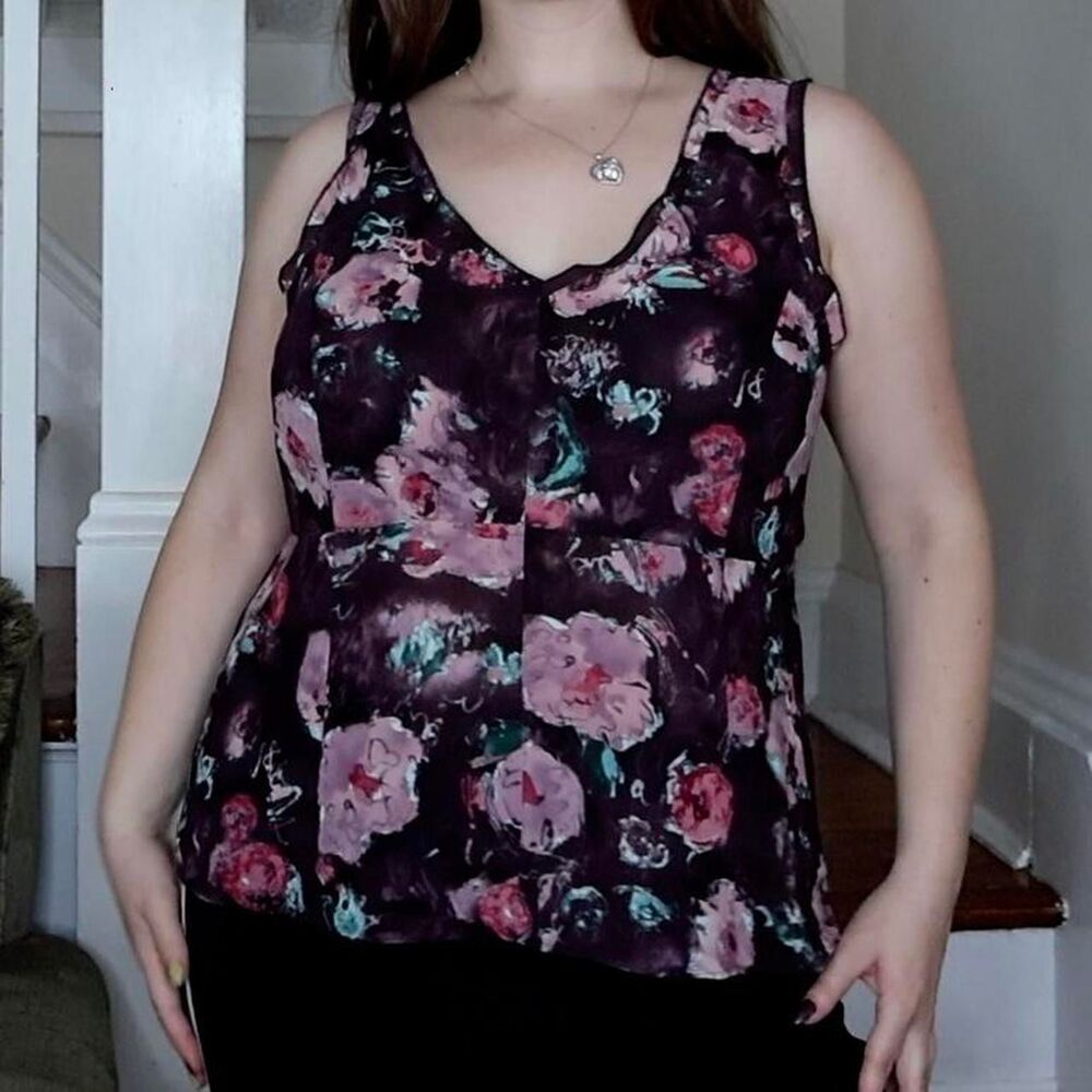 Purple Floral Liz Claiborne Tank Blouse Sz Large 16 Whimsigoth Fairycore Axcess